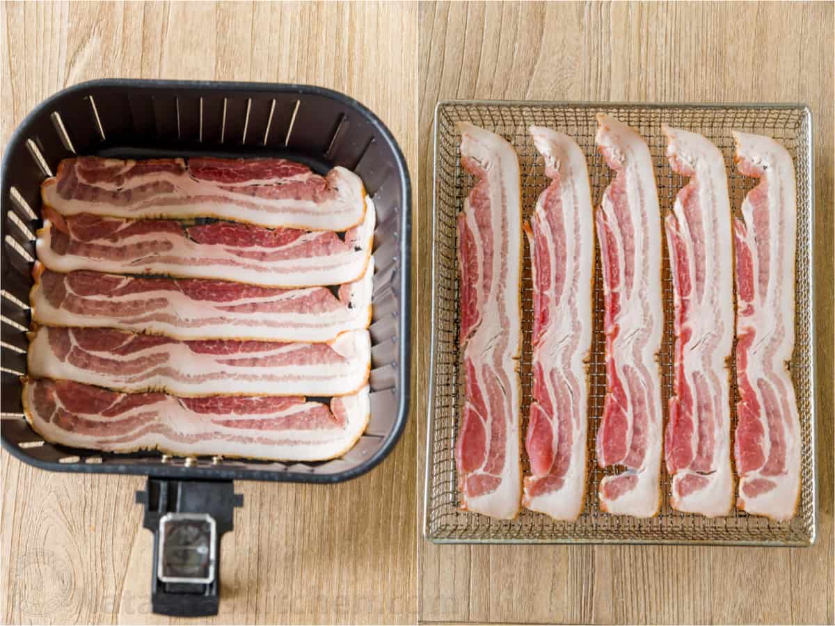 Uncooked bacon in air fryer baskets