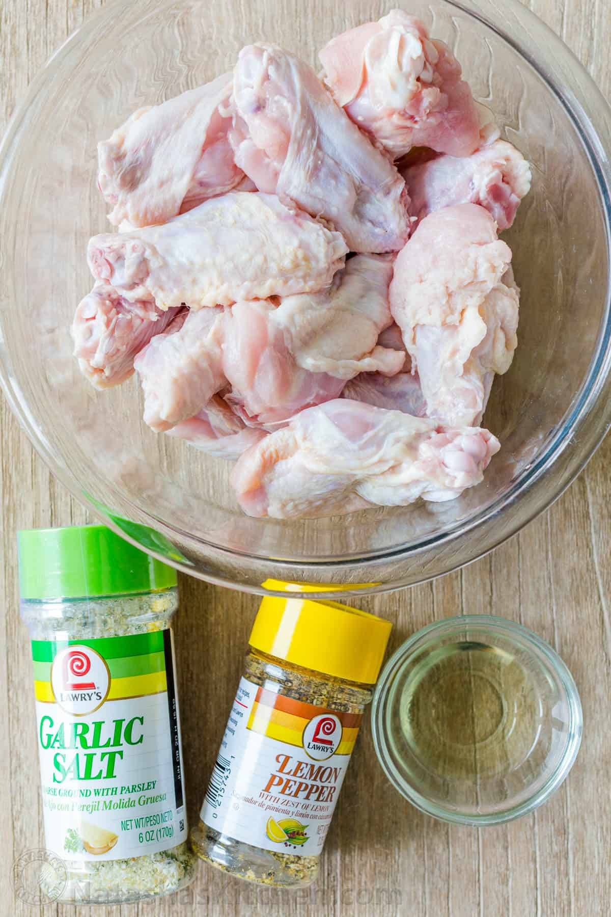 Ingredients for air fryer chicken with wings, drummettes, garlic salt and lemon pepper