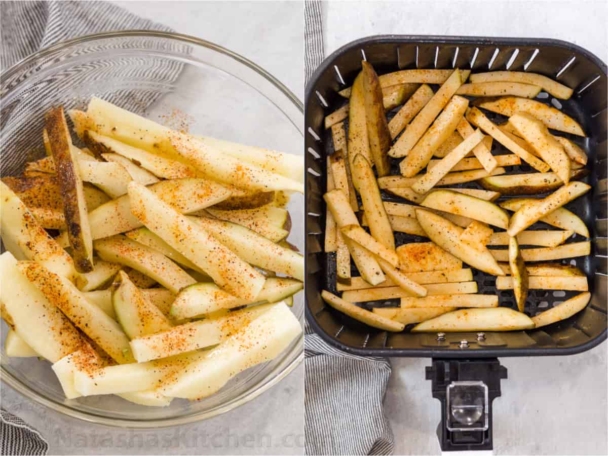 before and after seasoning homemade french fries in the air fryer