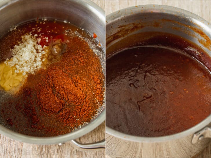 Two photos showing process of making barbecue sauce