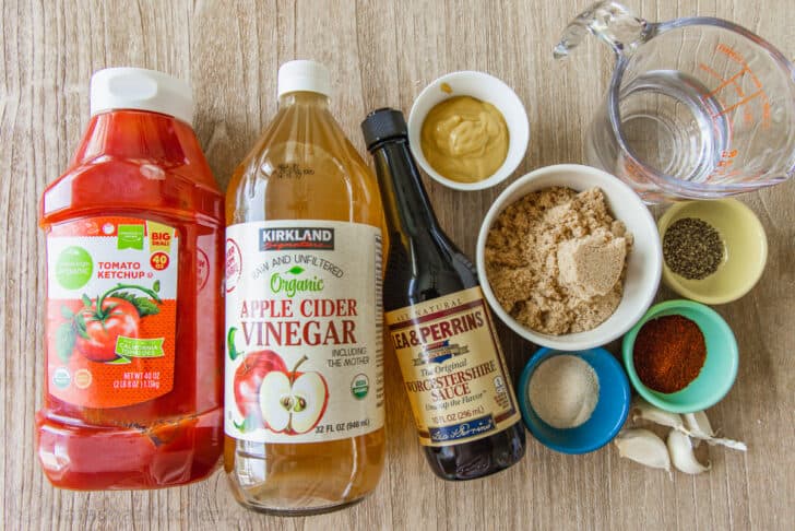 Overhead view of ingredients for homemade BBQ sauce