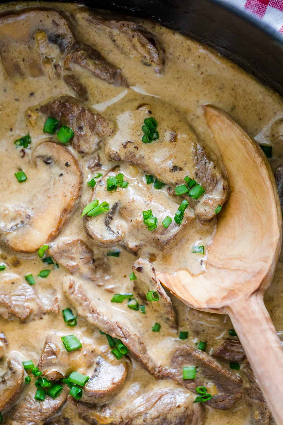 Beef stroganoff recipe up close in pan