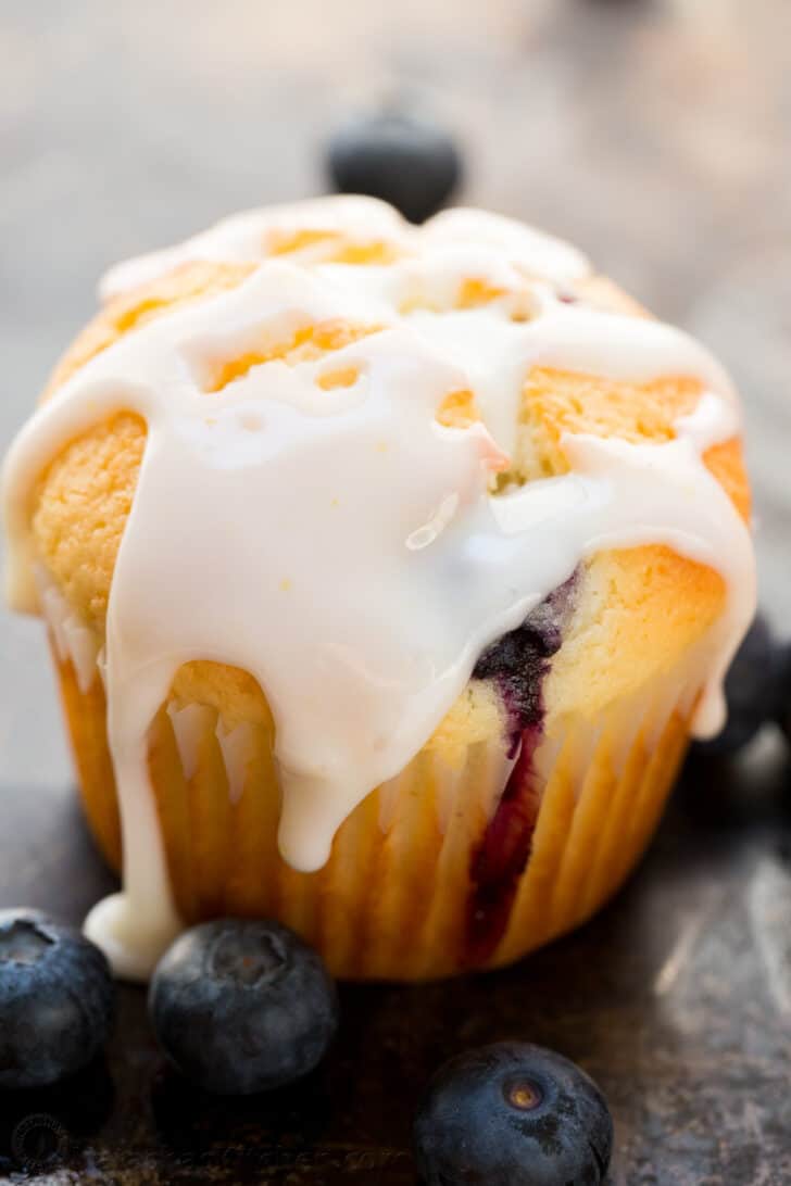 Blueberry muffin covered in lemon glaze
