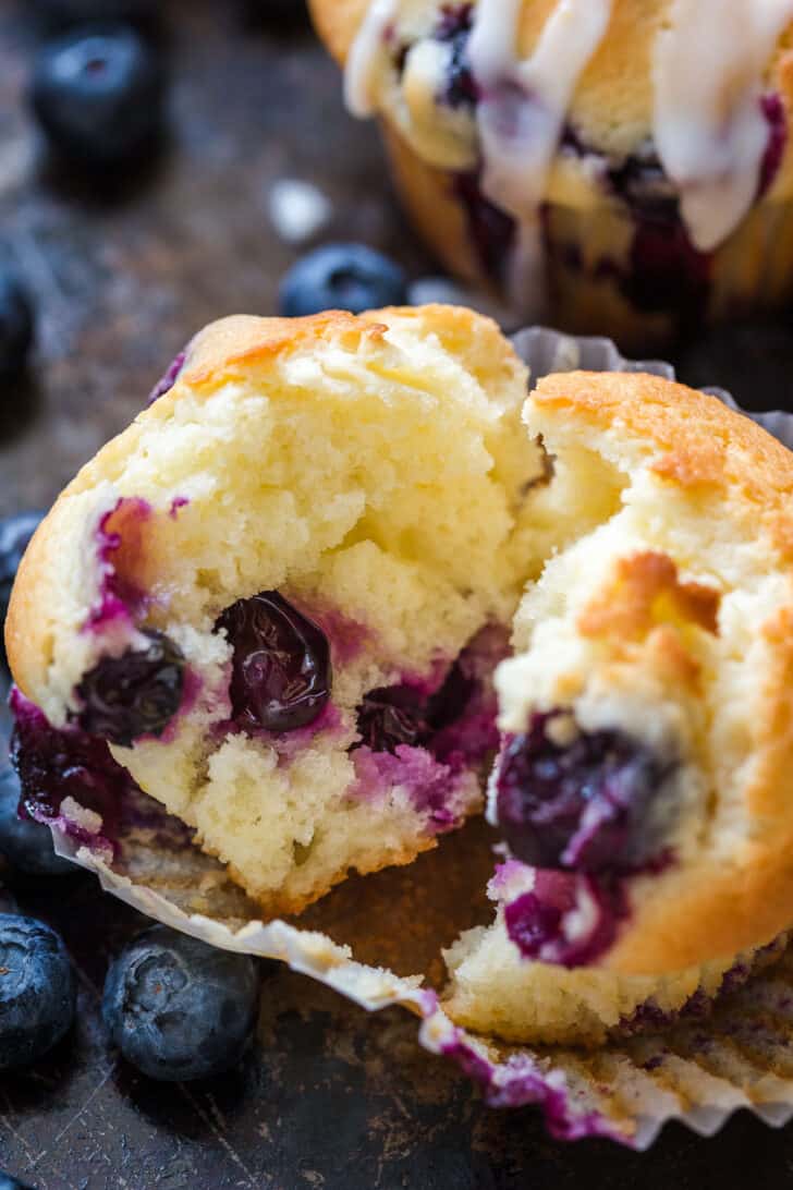 Center of a homemade blueberry muffin
