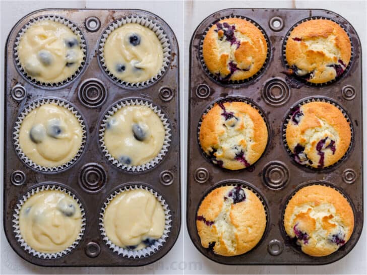 Before and after baking blueberry muffins in tin