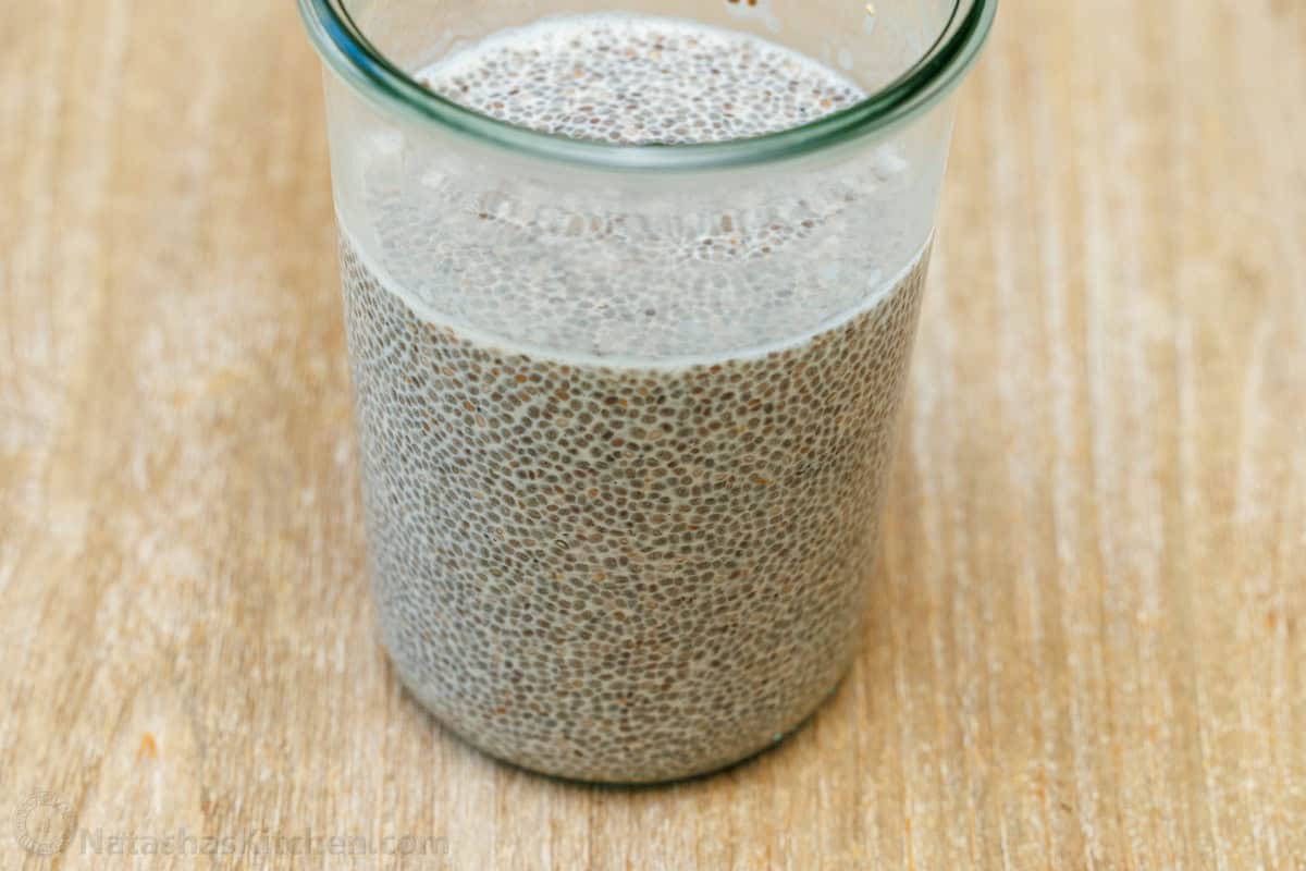 Healthy breakfast with a tapioca texture in milk in a mason jar
