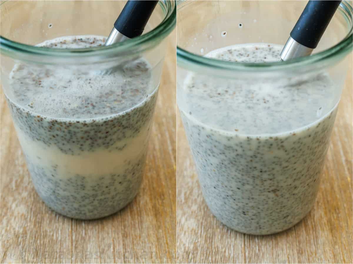 side-by-side photos of how to mix overnight breakfast recipe with a whisk