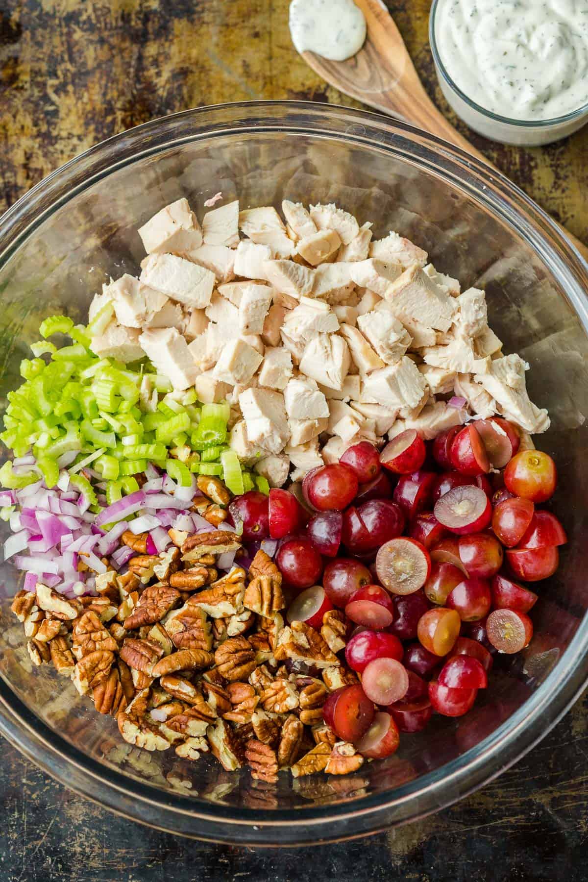 Making chicken salad in a bowl 