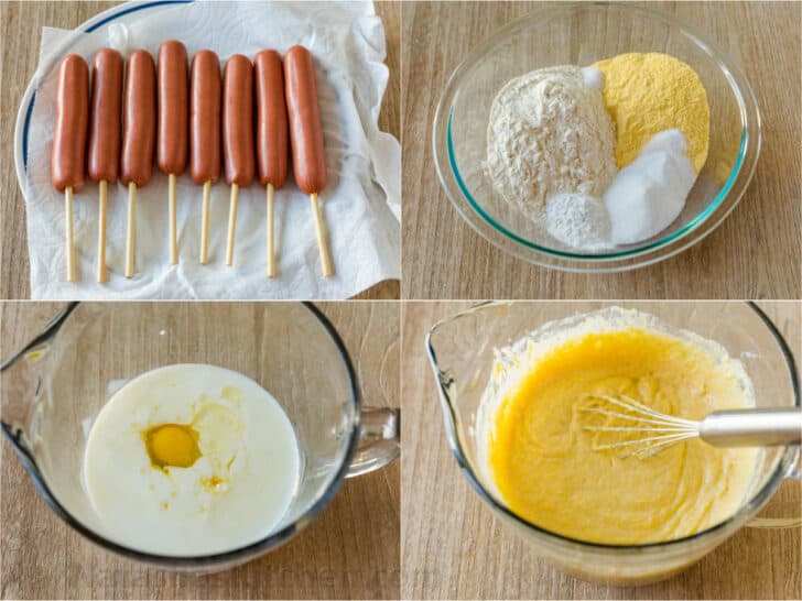 Step by step process for making corn dogs and batter