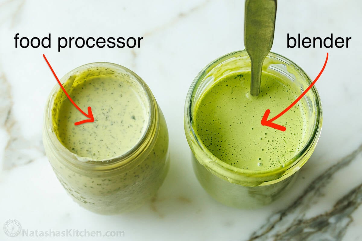 Size-by-size comparison of homemade condiments made using the food processor vs the blender