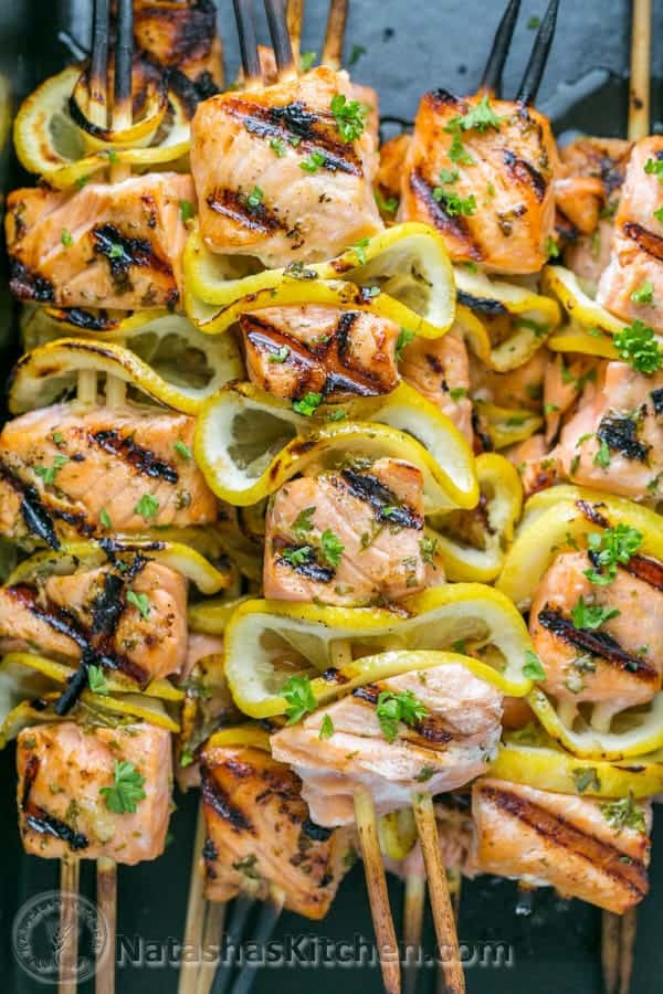 Easy grilled salmon skewers with garlic & dijon. Juicy with incredible flavor & takes less than 30 minutes ~ KEEPER! | natashaskitchen.com