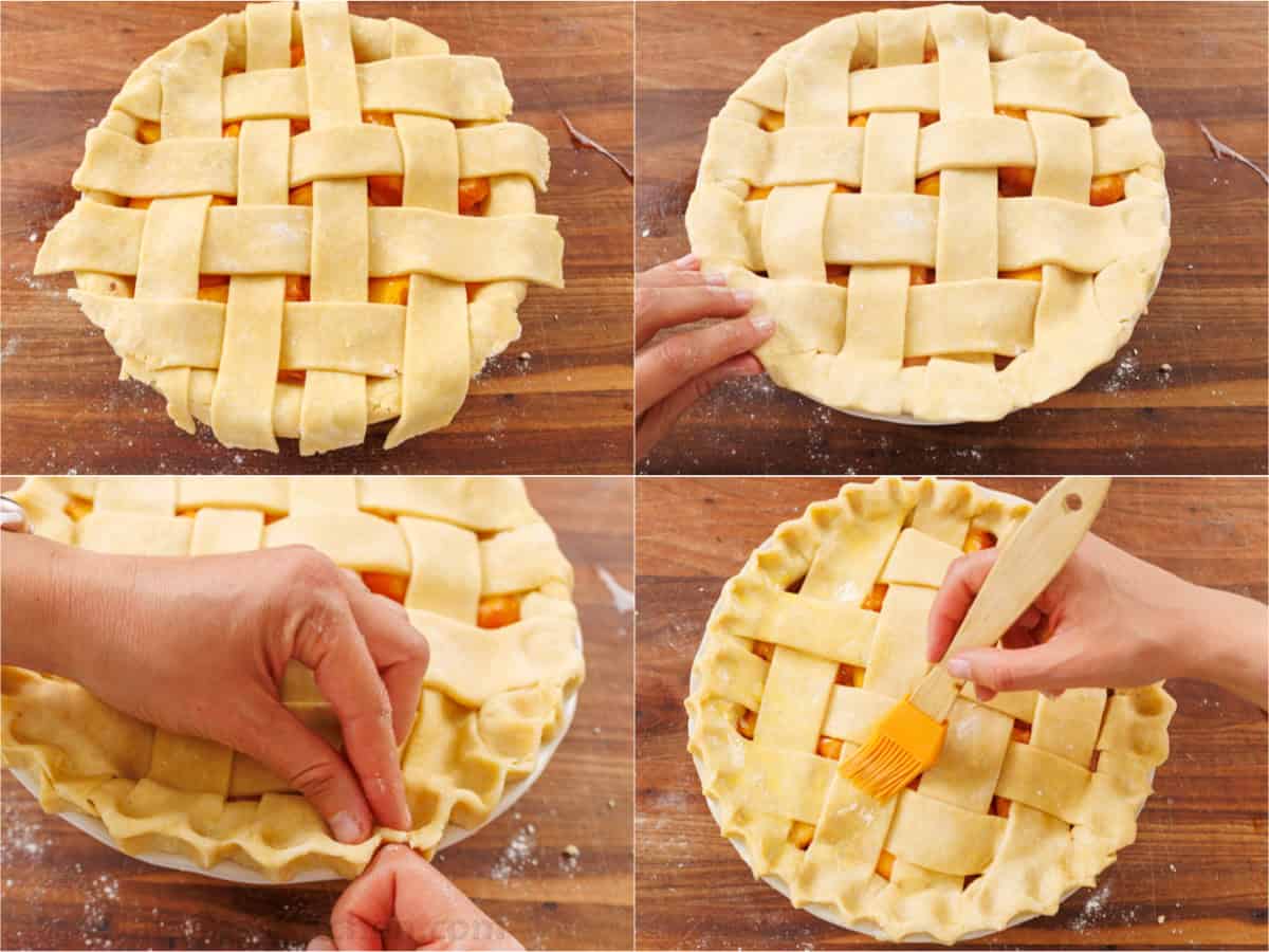 How to form a lattice pie crust over a homemade peach pie step by step