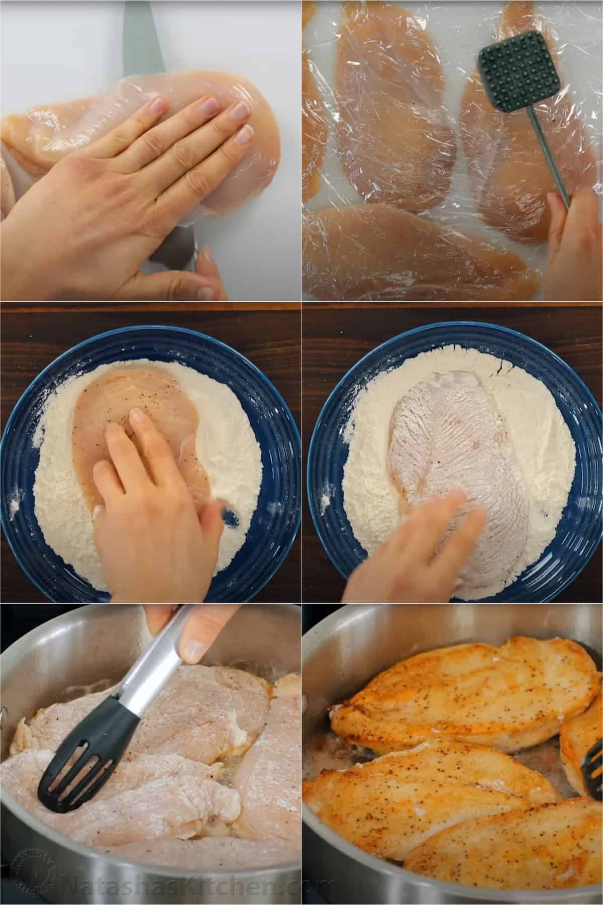 How to cut chicken cutlets, dredge in flour and sauté in oil