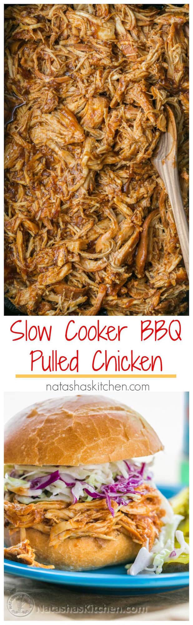 Crockpot BBQ Chicken - The Best Slow Cooker Pulled Chicken! Fall-apart tender, juicy and delicious! | natashaskitchen.com