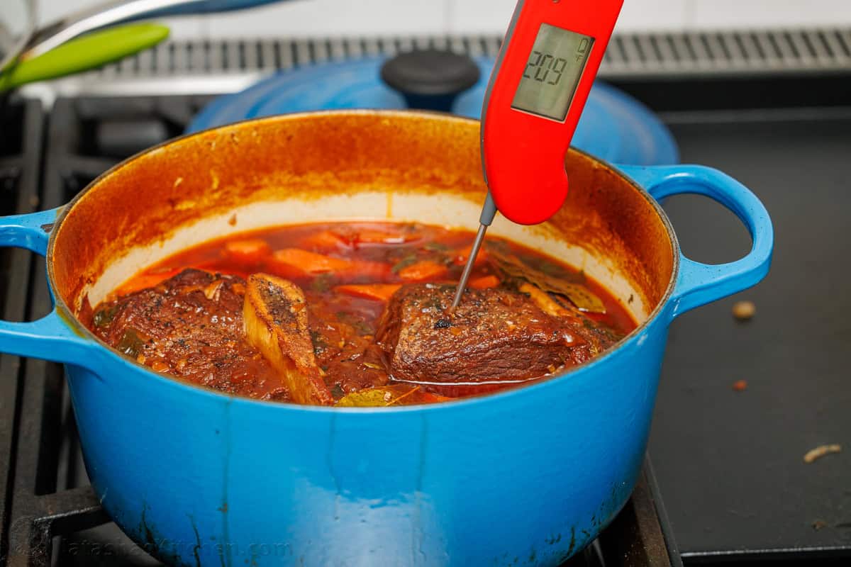 using a thermometer to test meat in a large dutch oven