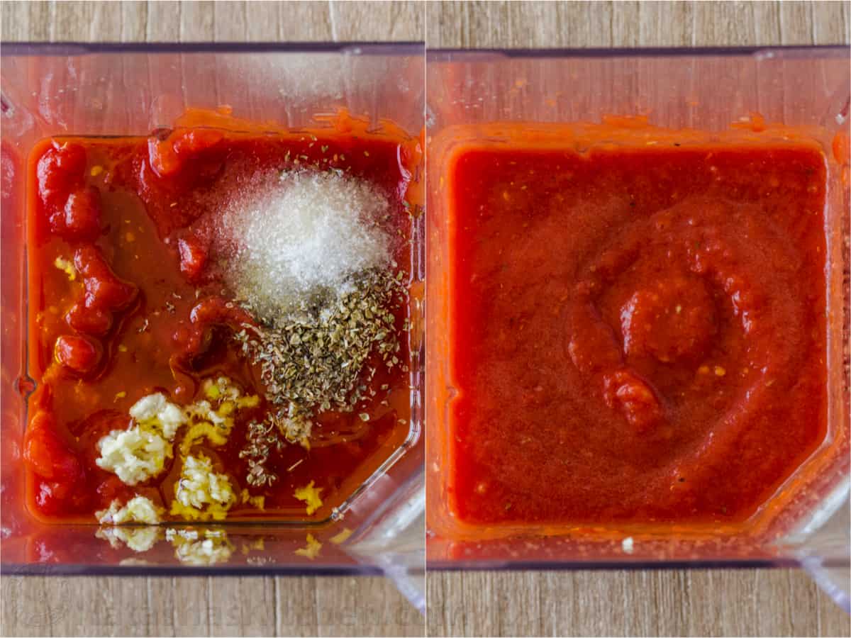 Blending tomatoes, salt, spices, garlic and olive oil in a blender for the best Italian breadstick dip