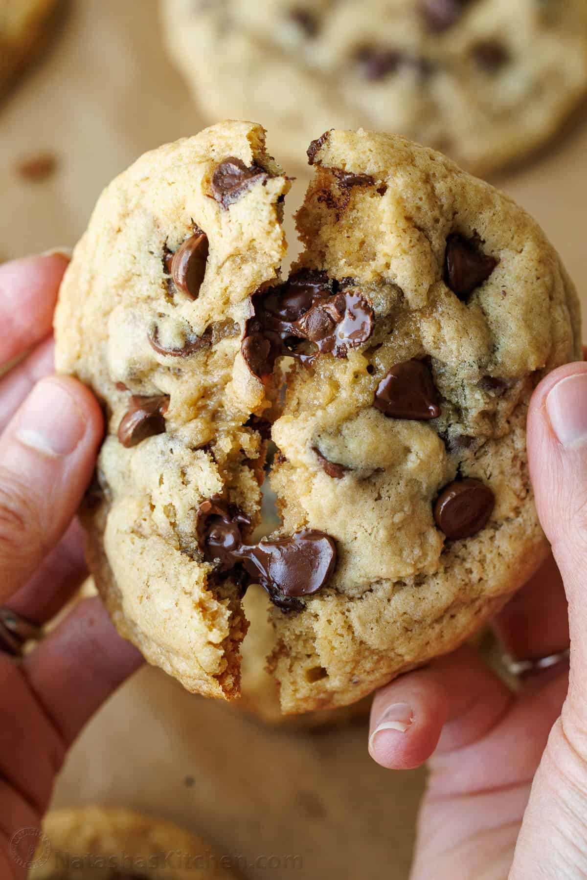 gooey sourdough chocolate chip cookie broken in half by two hands