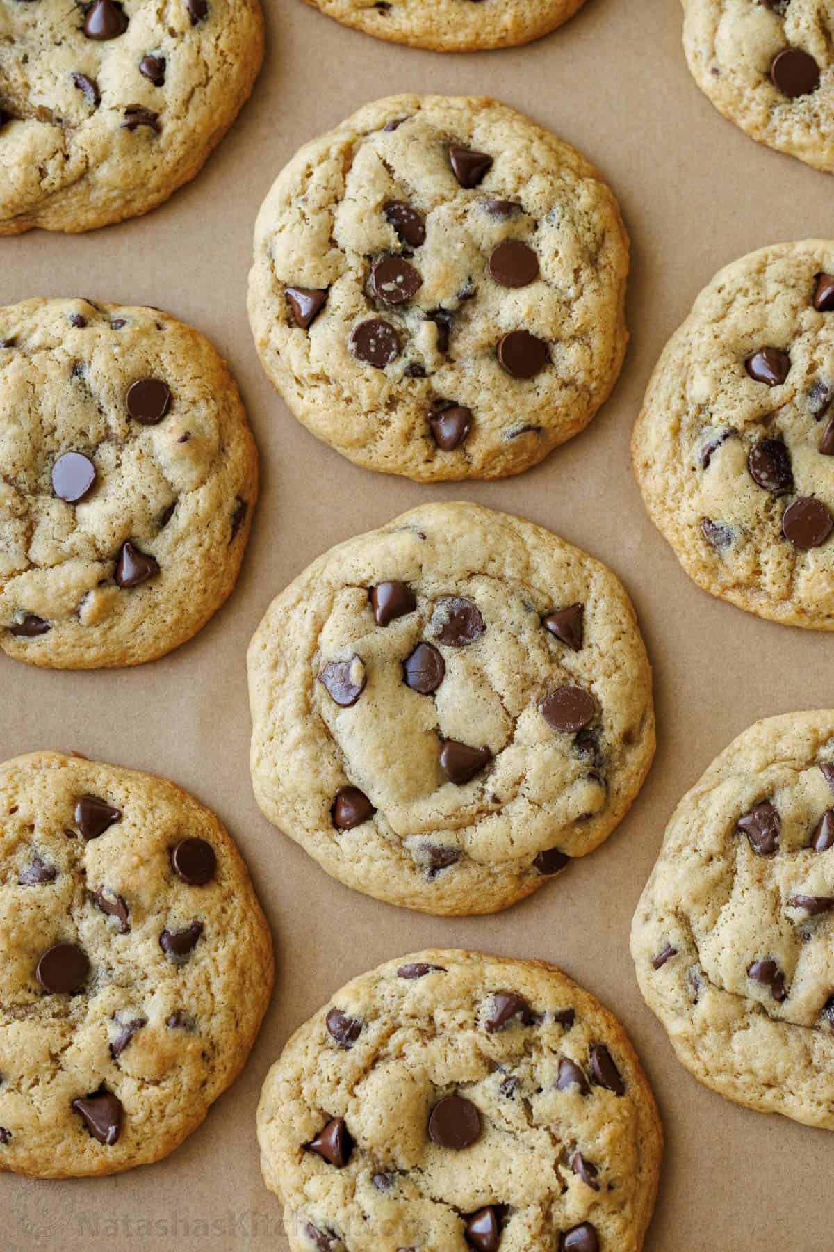 Baked sourdough discard chocolate chip cookies recipe on a cookie sheet