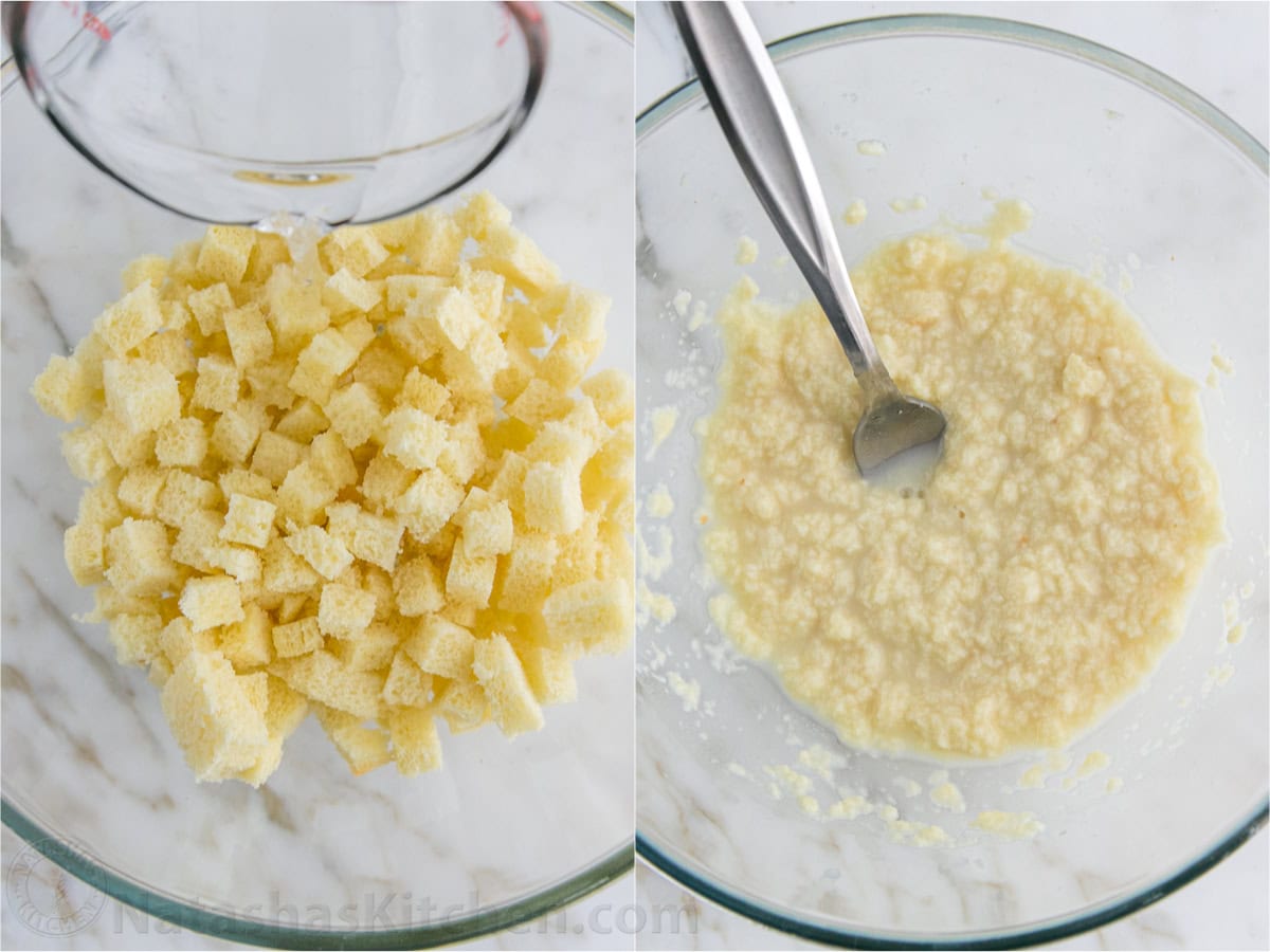 Before and after photos of bread cubes soaked in water and then mashed