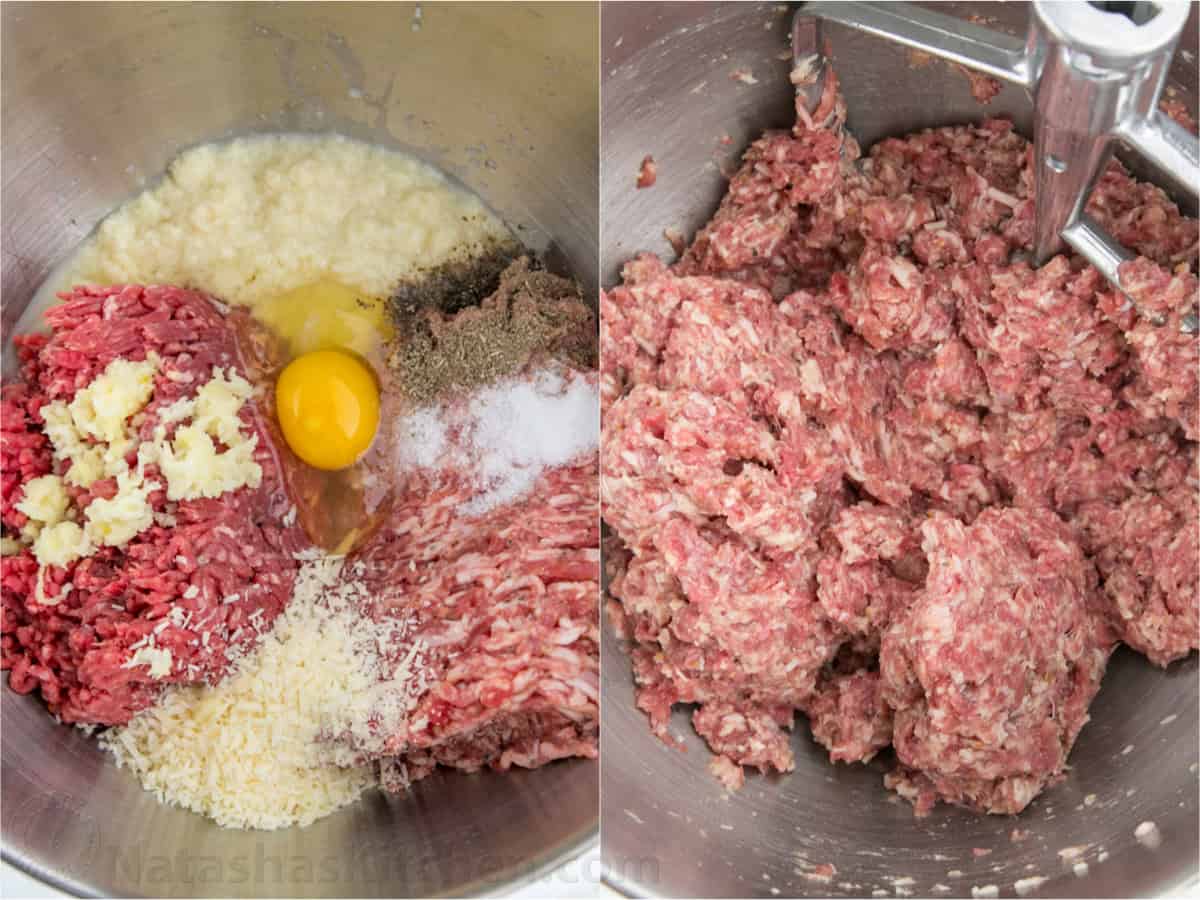 Meatball ingredients mixed in a Kitchenaid mixer bowl