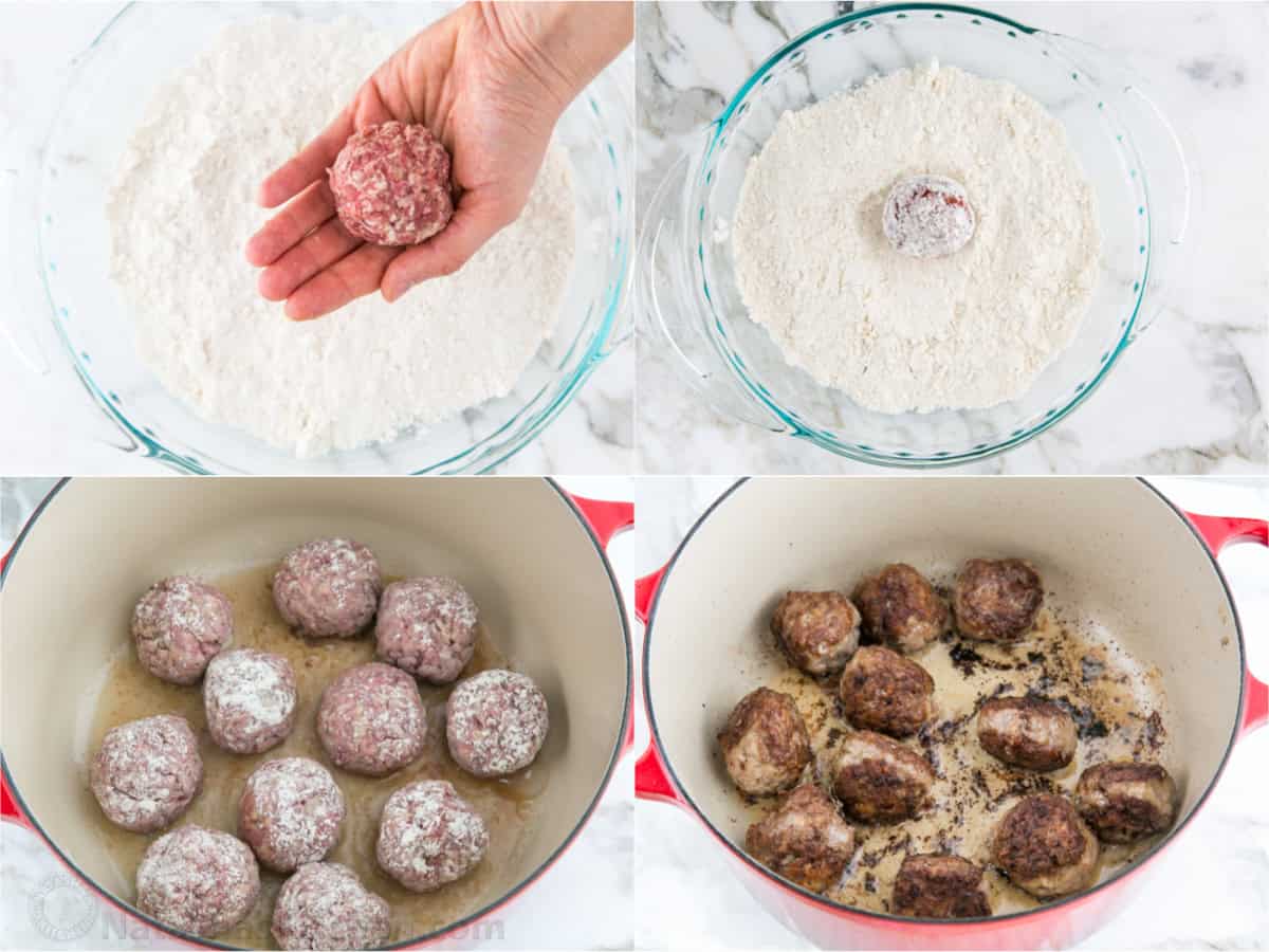 Step-by-step photos on how to roll and brown meatballs in flour and a dutch oven