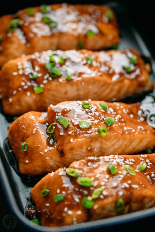 Teriyaki salmon recipe arranged on a serving platter is flaky and juicy