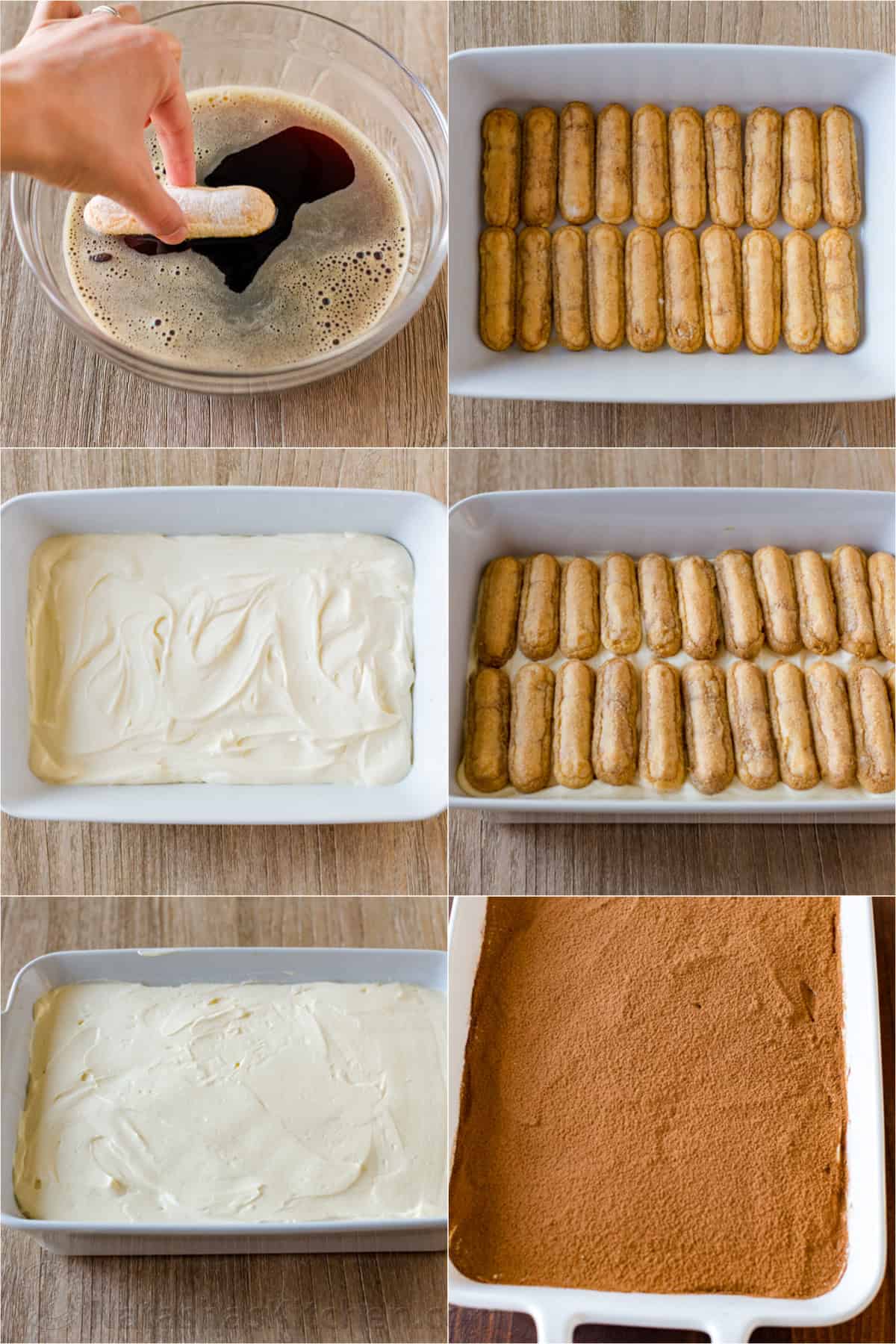 Step by step photos how to make Italian Tiramisu in a casserole dish