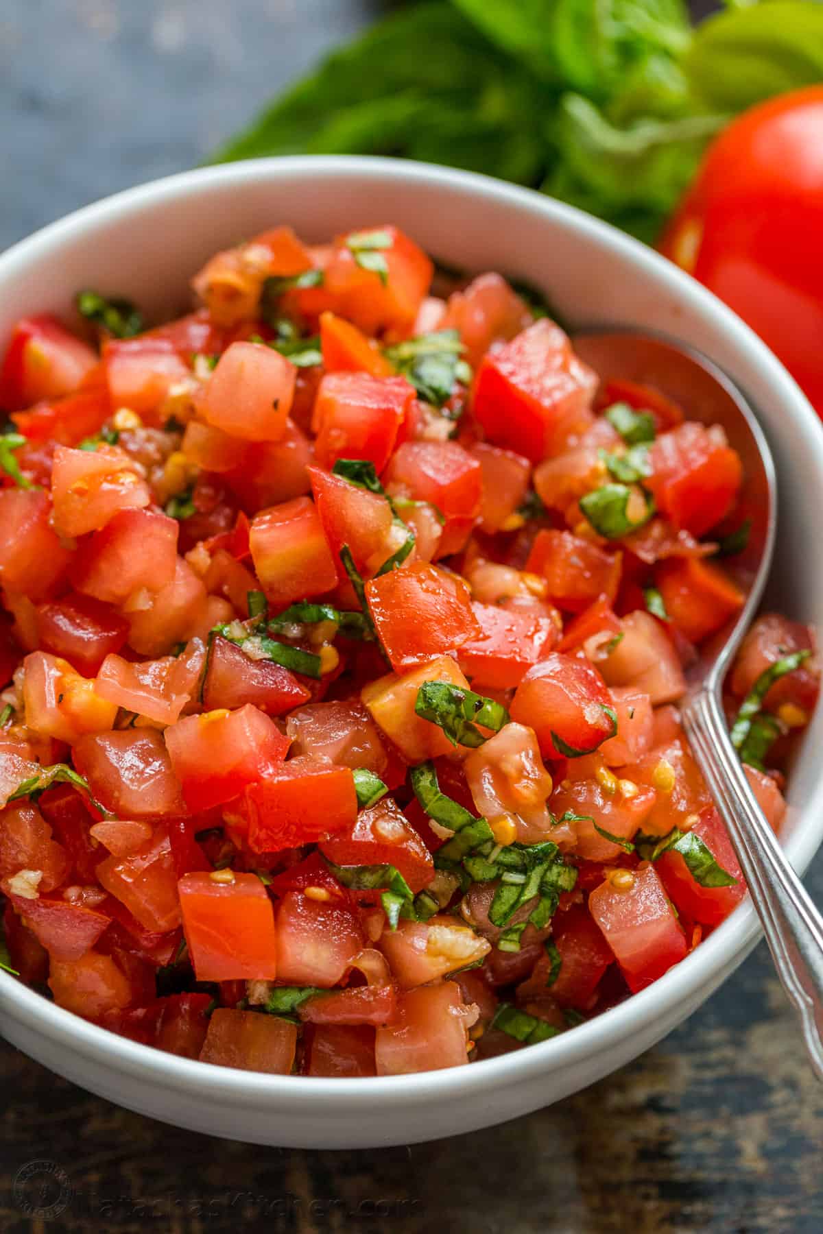 Tomato bruschetta topping in a bowl